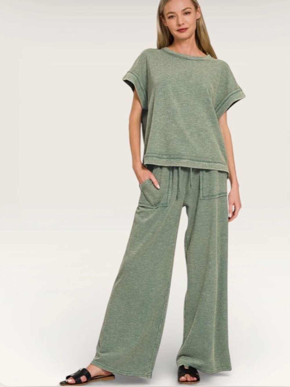 Zenana Washed Slub Short Sleeve Tee & Long Pants Set in Ash Jade